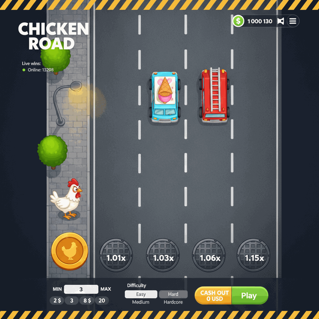 Chicken Road crash game by InOut: a cartoon white chicken stands at the edge of a multi-lane road with cars, manhole covers display multiplier values, urban sidewalk with trees and street lamp in background